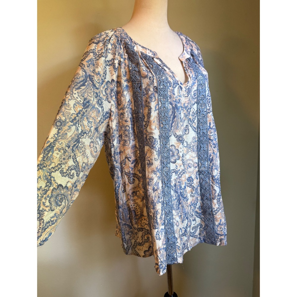IndigoRose 2X Paisley Tunic Blouse Blue Tan Crochet Boho NWT fairy floral resort